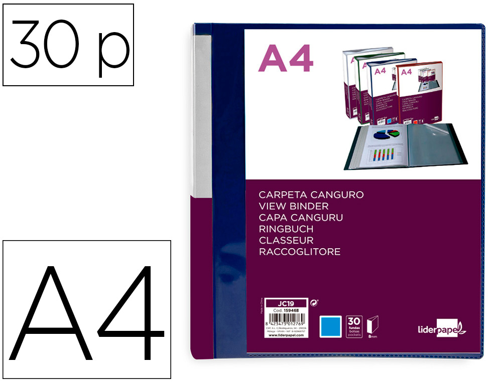 CARPETA LIDERPAPEL 30 FUNDAS CANGURO PP DIN A4 AZUL TRANSLUCIDO PORTADA Y LOMO PERSONALIZABLE