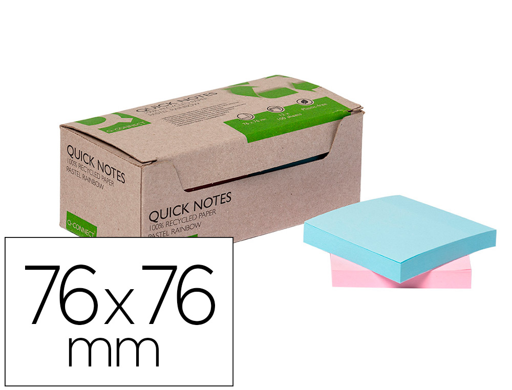 BLOC DE NOTAS ADHESIVAS QUITA Y PON Q-CONNECT 76X76 MM 100% PAPEL RECICLADO COLORES PASTELES EN CAJA DE CARTON