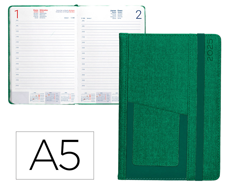 AGENDA ENCUADERNADA LIDERPAPEL SARIA A5 2025 DIA PAGINA COLOR VERDE PAPEL 70 GR