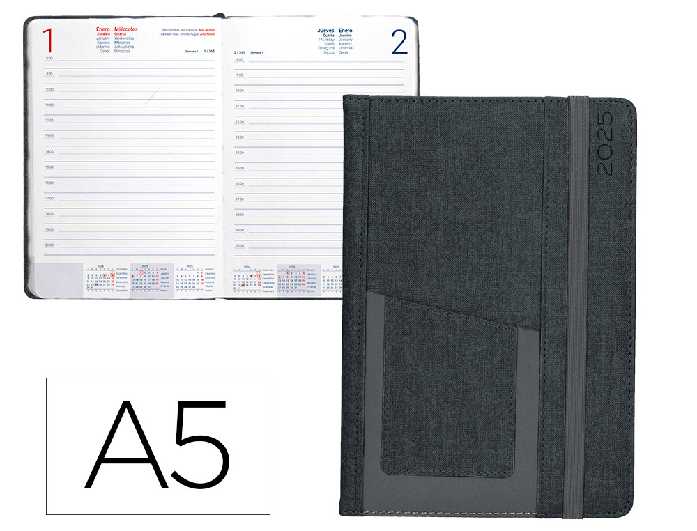 AGENDA ENCUADERNADA LIDERPAPEL SARIA A5 2025 DIA PAGINA COLOR NEGRO PAPEL 70 GR