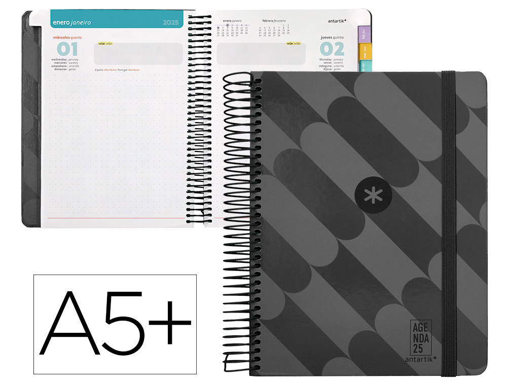 AGENDA ESPIRAL ANTARTIK PATTERN A5+ 2025 DIA PAGINA COLOR NEGRO PAPEL 80 GR