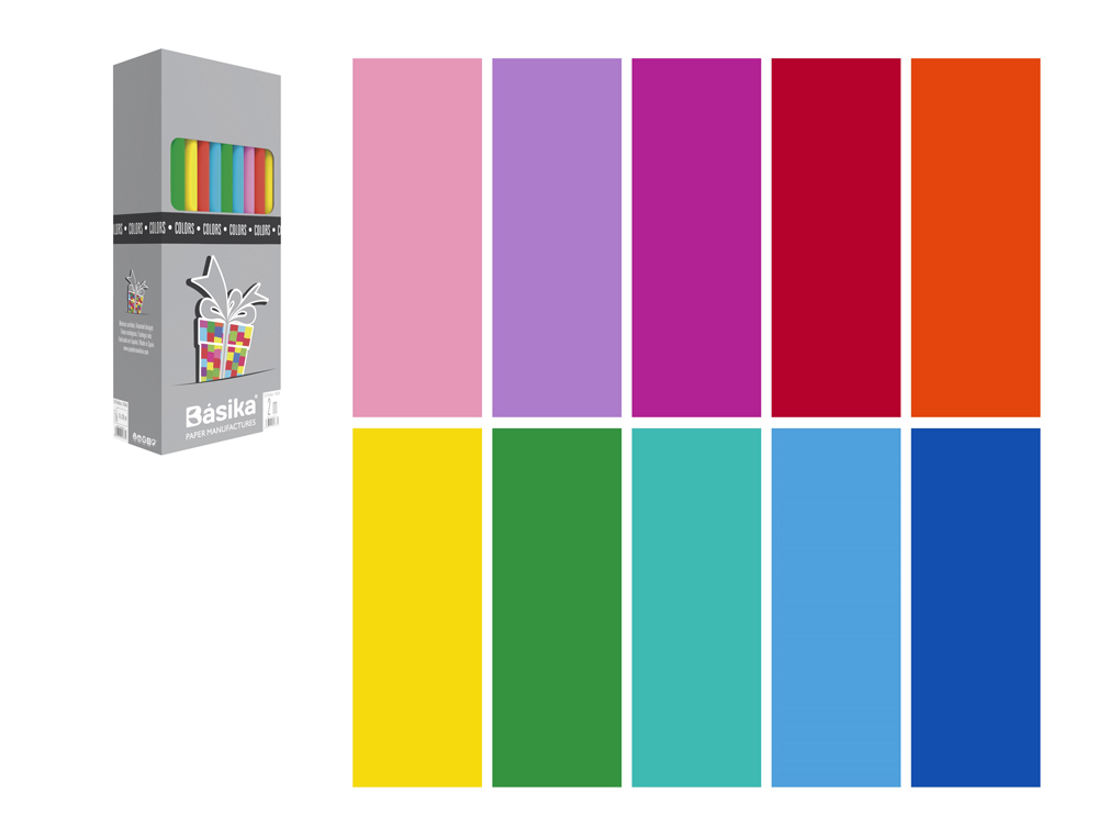 PAPEL DE REGALO BASIKA 10 COLORES ROLLO ANCHO 70 CM LONGITUD 2 MT COLORES SURTIDOS GRAMAJE 60 GR