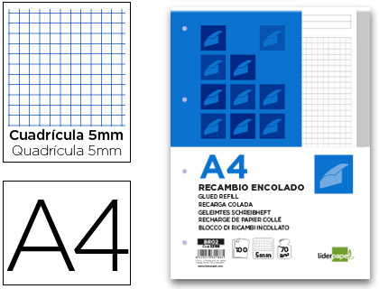 BLOC ENCOLADO LIDERPAPEL CUADRO 5MM GRIS A4 NATURAL 100 HOJAS 70 G/M2