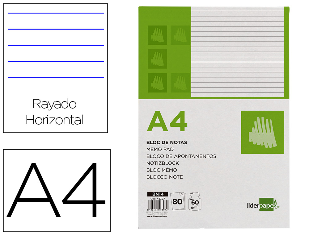 BLOC NOTAS LIDERPAPEL HORIZONTAL A4 80 HOJAS 60G/M2