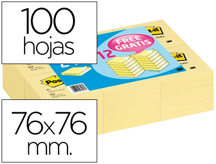 BLOC DE NOTAS ADHESIVAS QUITA Y PON POST-IT 76X76 MM PACK PROMOCIONAL 24+12 UNIDADES