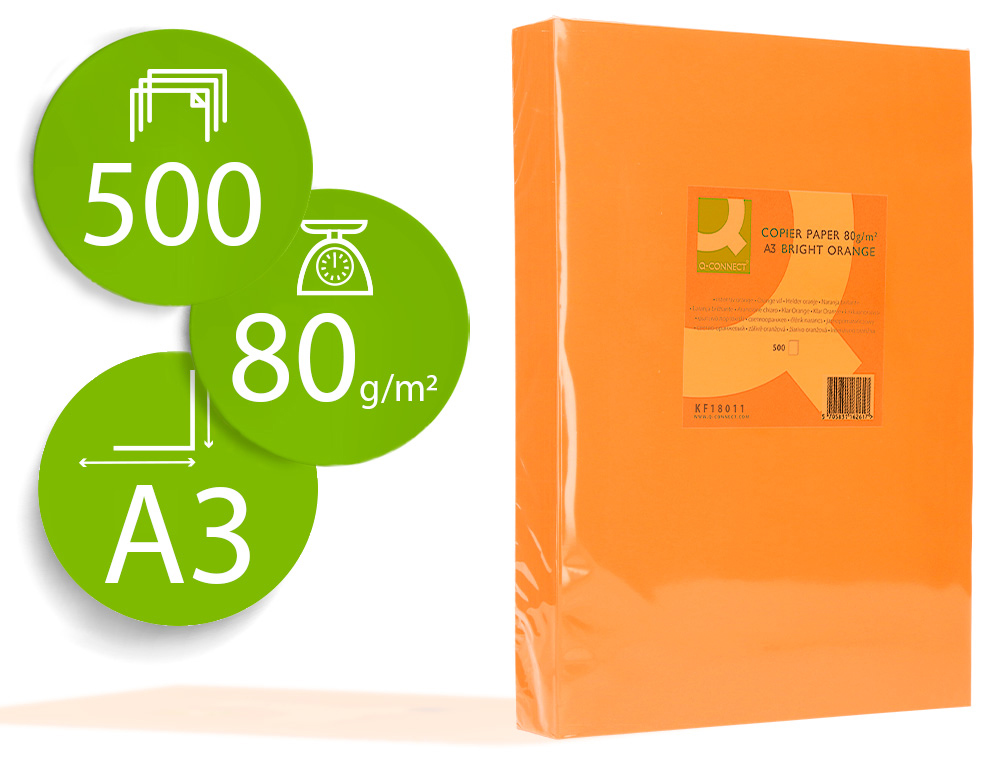 PAPEL COLOR Q-CONNECT DIN A3 80 GR NARANJA INTENSO PAQUETE DE 500 HOJAS