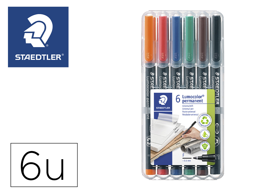 ROTULADOR STAEDTLER LUMOCOLOR RETROPROYECCION PUNTA DE FIBRA PERMANENTE 318 WP ESTUCHE 6 COLORES PUNTA FINA