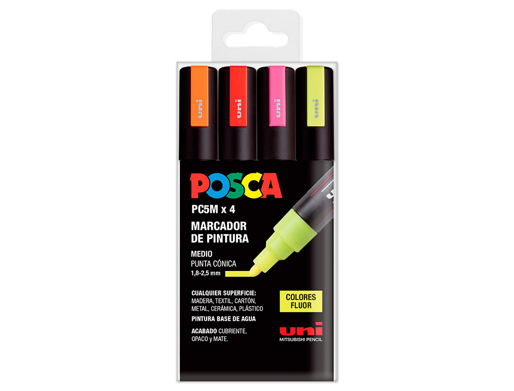 ROTULADOR UNI POSCA PC-5M/4C MARCADOR DE PINTURA PUNTA CONICA 1,8-2,5 MM BOLSA DE 4 UNIDADES COLORES FLUORESCENTE